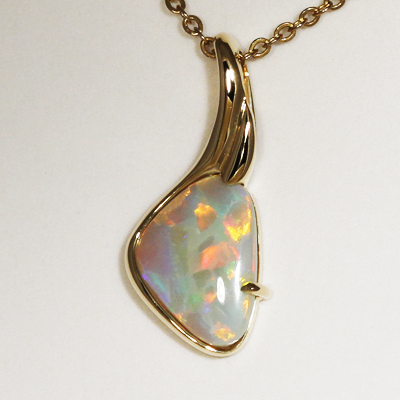 14k Yellow Gold Pendant with a SOLID SEMI BLACK OPAL Large flagstones, bright rolling flashes SEE VIDEO 